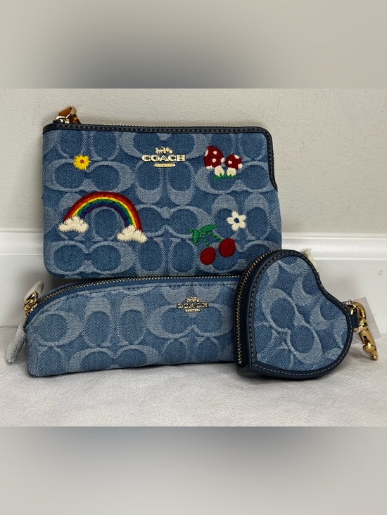 Coach Handbags - NWT Coach Signature Denim Set: Pencil Case, Wristlet, Heart Bag Charm Keychain